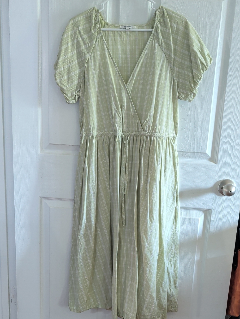 Madewell Light Green Plaid Midi Wrap Dress